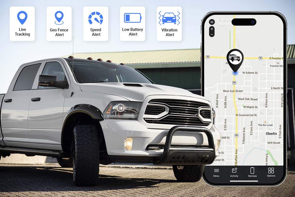 Truck with Phone Mockup of Live Location Map and showing Alert Features as Icons